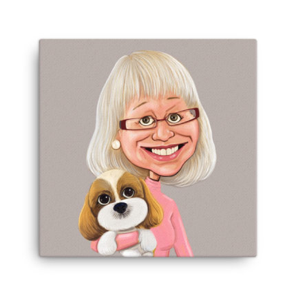 Dog Owner with her Pet Funny Caricature Canvas