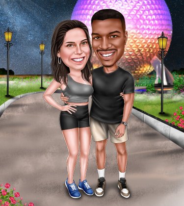 Caricature of a couple enjoying time on Mars planet