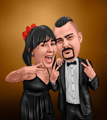 Funny wedding anniversary caricature of a couple formally dressed for the celebration and dancing and having great time