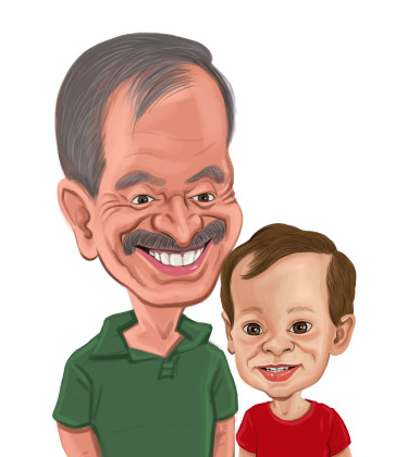 Funny caricature of a dad with his young son