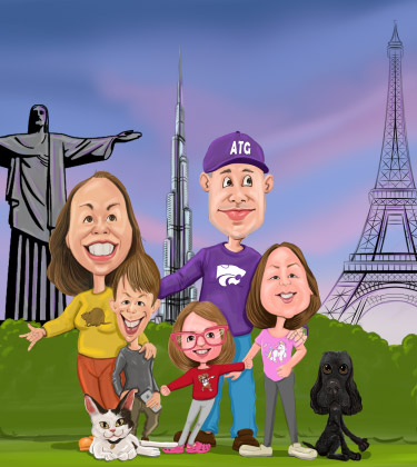 Custom family trip caricature while standing in front of many popular destinations