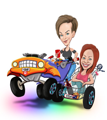 Two friends riding a crazy motorbike with dangerous acceleration caricature