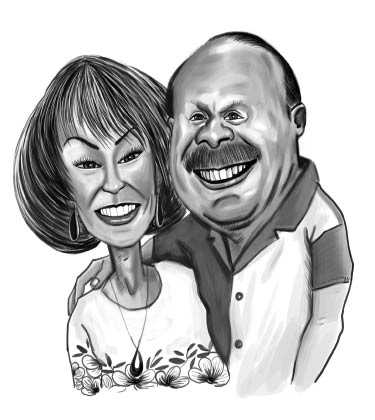 Black and White Sketch of an older couple, female with short hair and male bald and with mustache