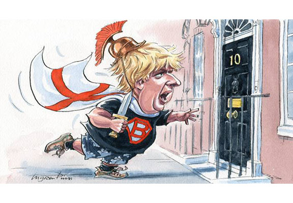 Caricature Drawing of the Boris Johnson as an English Warrior Running to the Downing Street - Philip Stephens