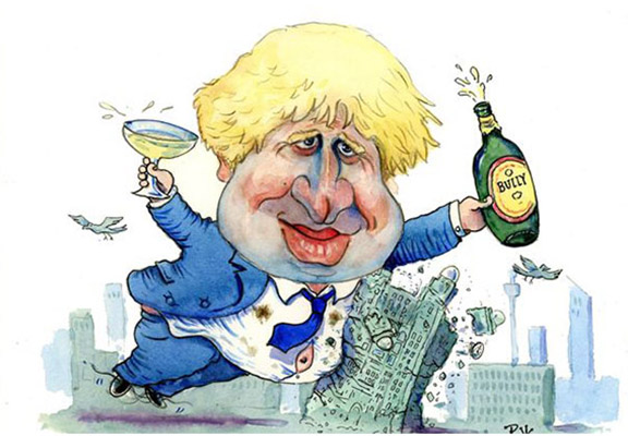 Caricature of the Drunk Boris Johnson Holding a Botle - Peter King