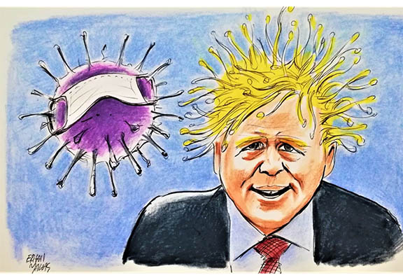 Caricature Drawing of the Boris Johnson Fighting Against Coronavirus - Melih Altinok