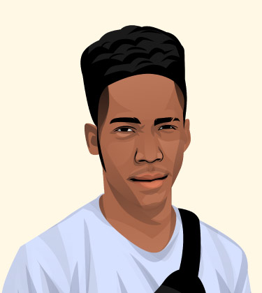 Cartoon Portrait of a black haired man in his 20's wearing white t-shirt