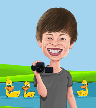 Caricature of a boy posing with his camera and the lake with ducks in his background