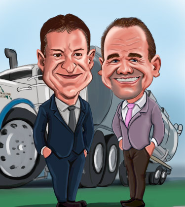 Two Businessmen in front of truck caricature