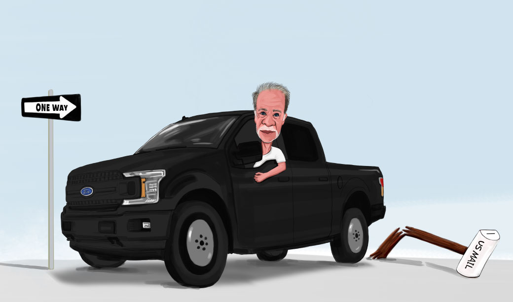 Caricature of Older Man Inside Ford Pickup