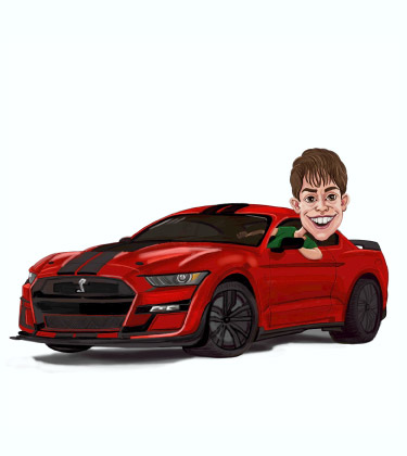 Drawing of a guy with his head sticking out of his new Ford sports car