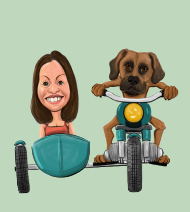 Lovely lady standing in a cabin with her dog riding a motorcycle portrait