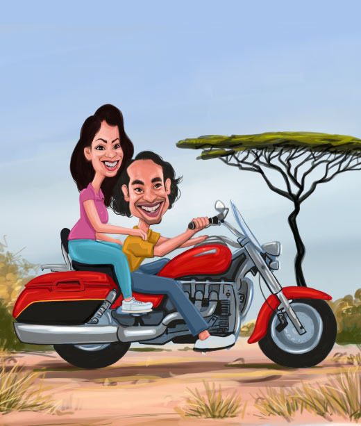 Caricature of a young couple enjoying while riding their motorcycle