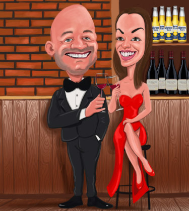 Custom caricature of a young classy couple in the bar