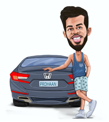 Funny sketch of a boy standing proudly in front of his new Honda
