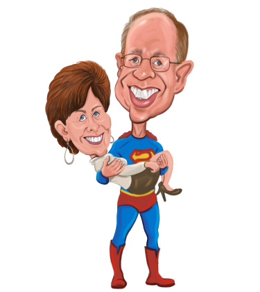 Funny Caricature of a husband lifting his wife and wearing a superman costume