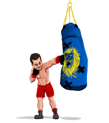 Funny Caricature of a boxer punching his bag while exercising