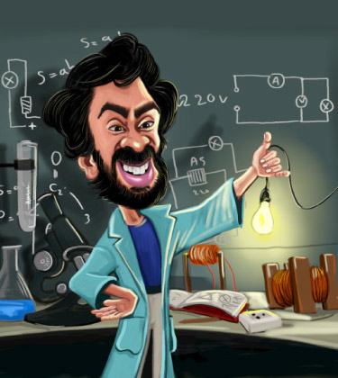 Custom artwork of a crazy scientist running an experiment