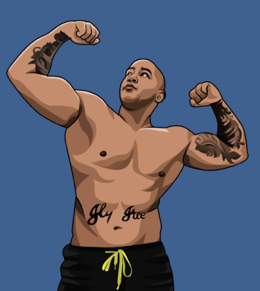 Cartoonized sketch of a black tattoed male bodybuilder posing with his muscles up