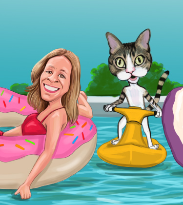 Cat with owner enjoying in pool caricature