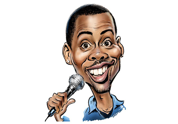 Funny Caricature of the American Comedian Chris Rock Holding a Microphone