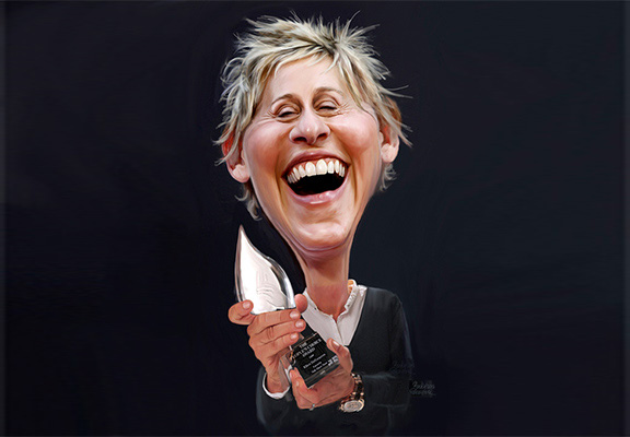 American Female Comedian Ellen DeGeneres Holding an Award - Funny Caricature Drawing 