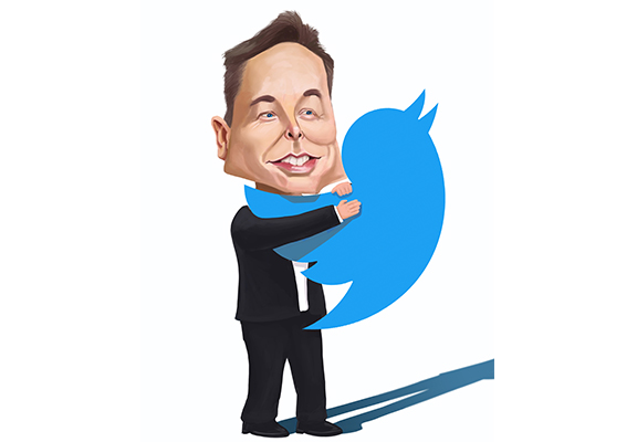 Funny Cartoon Caricature of Elon Musk hugging Twitter logo after the purchase