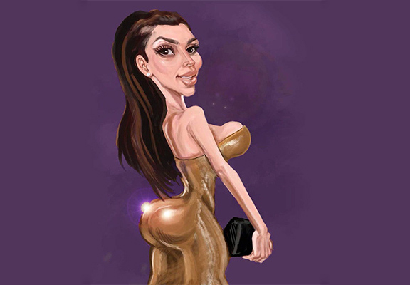 Funny Portrait of Attractive Kim Kardashian Wearing a Golden Dress