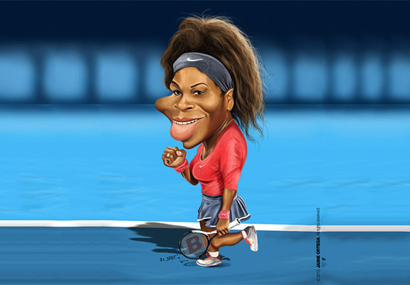 Hilarious Caricature of the WTA Tennis Player Serena Williams Playing Tennis