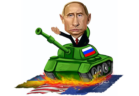 Caricature Drawing of the Controversial Russian President Vladimir Putin Sitting on the Tank 