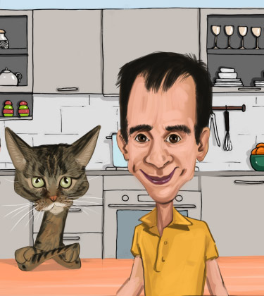 Cartoon of a man with cat in his kitchen