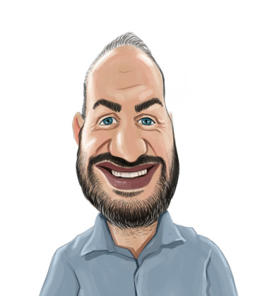 Caricature of a smiling bald guy with long beard wearing shirt