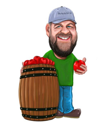 Funny Caricature of Smiling Guy with barrel of apples