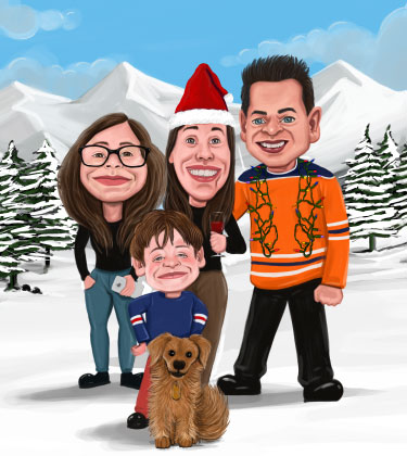 Custom whole family caricature while posing outside in the snow next to a Christmas tree