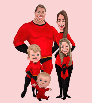 Christmas four family members cartoon sketch wearing superhero uniform