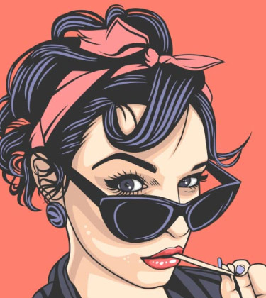 Cartoonized sketch of a lady with black glasses and pink bow tie on head