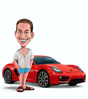 Funny Caricature of a man standing in front of his Porsche
