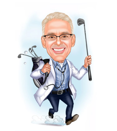 Doctor Golfer swinging with his stick caricature