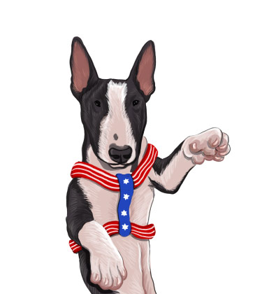 Half body caricature of funny puppy saying hi with clothes on