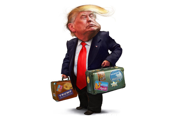 Funny Drawing of the Trump Holding Suitcases and Preparing to Travel