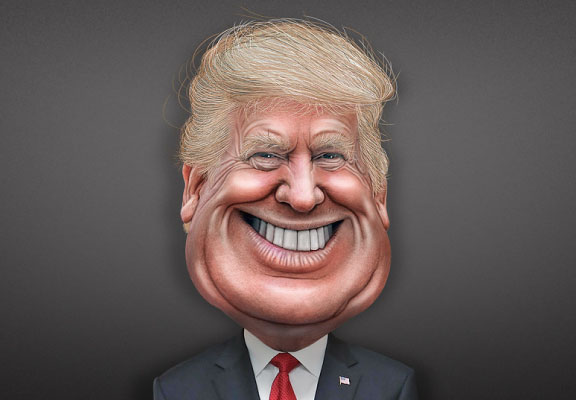 Trump With a Big Smile Wearing Black Suit - Caricature