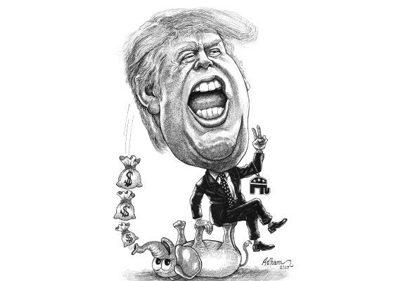 Drawing of the Trump Sitting on an Elephant Juggling Money