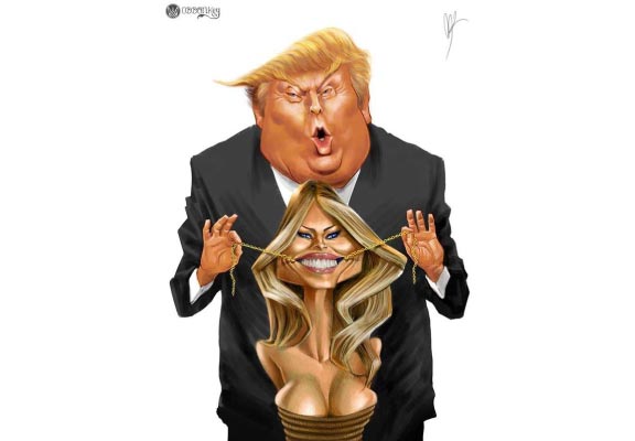 Caricature of the Former President Trump and His Wife Melania Treating her like a Doll