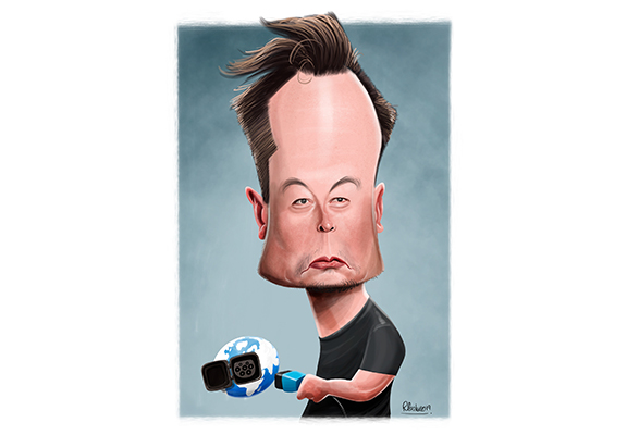 Funny Big Head Caricature Art of the Elon Musk Holding a Charger