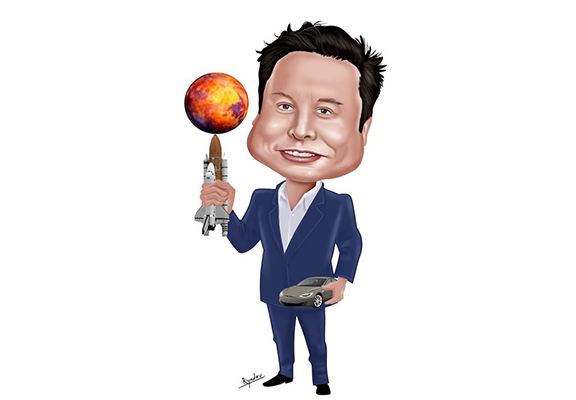 Caricature Portrait of the Billionaire Elon Musk Holding Rocket, Moon, and Tesla Car