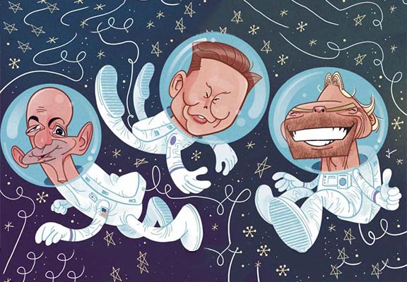 Caricature of the Elon Musk, Jeff Bezos, and Richard Branson Having Fun in the Space