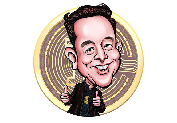 Funny Drawing of Elon Musk Wearing a Dogecoin Shirt and Posing in Front of Some Crypto Logo