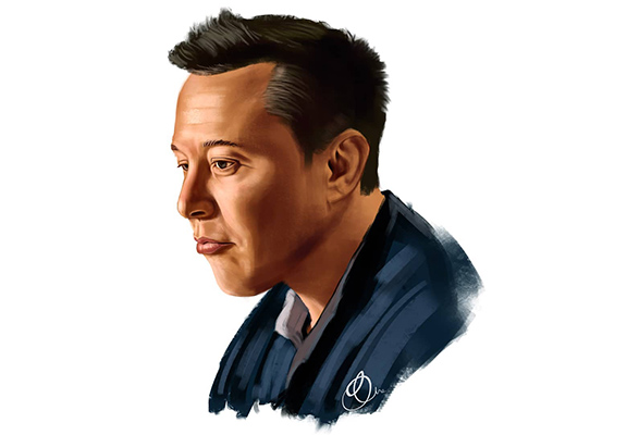 Digital Caricature Portrait of Billionaire Elon Musk Posing With a Thoughtful Look