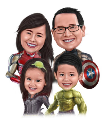 Funny caricature of family of 4 wearing superhero uniforms and having great time