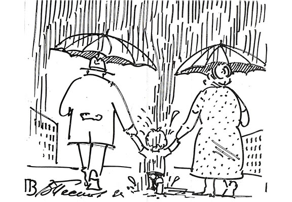 Drawing of the Two Old Person and Kid Walking in the Rain drawn by Vitaly Viktorovich Peskov